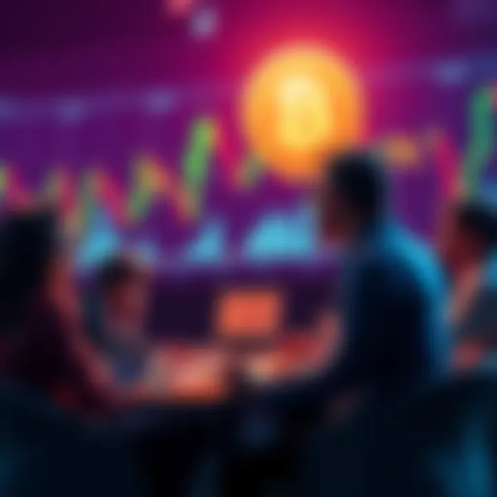 People debating the value of Bitcoin, with graphs and currency symbols in the background.