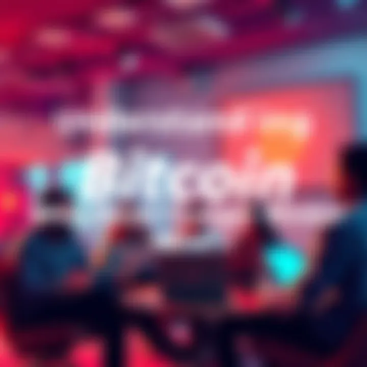 Bitcoin Discussion Group of people discussing Bitcoin with laptops and notebooks in a casual setting