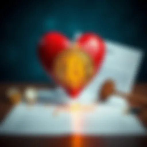 A broken heart with Bitcoin symbols on one side and legal documents on the other.