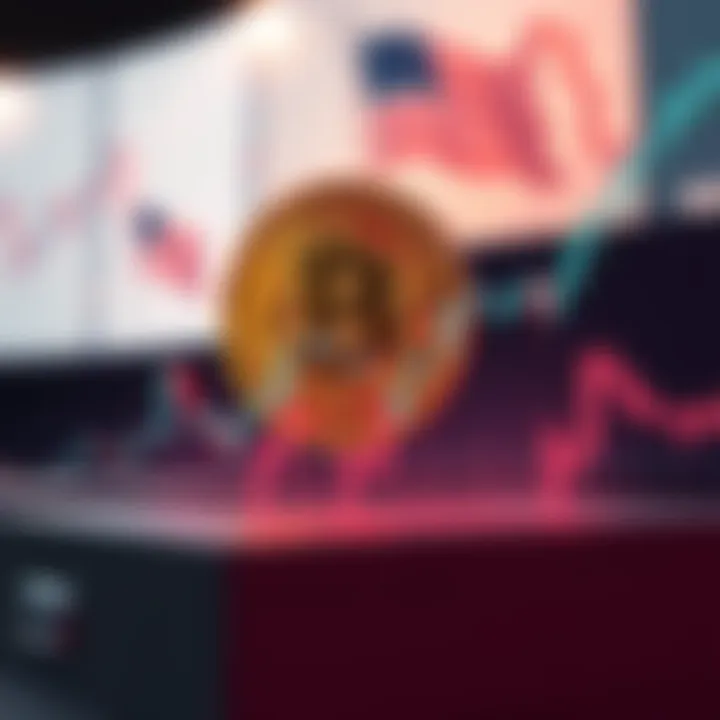 A visual representation of Bitcoin fluctuating alongside election results, showing a graph with rising and falling values and ballot boxes in the background