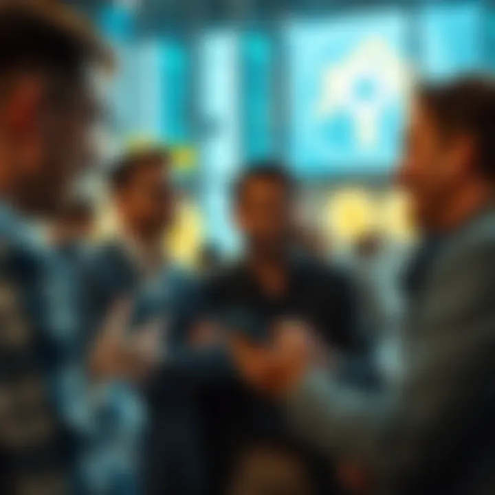 People engaging in discussions about Bitcoin and cryptocurrency trends in a modern setting