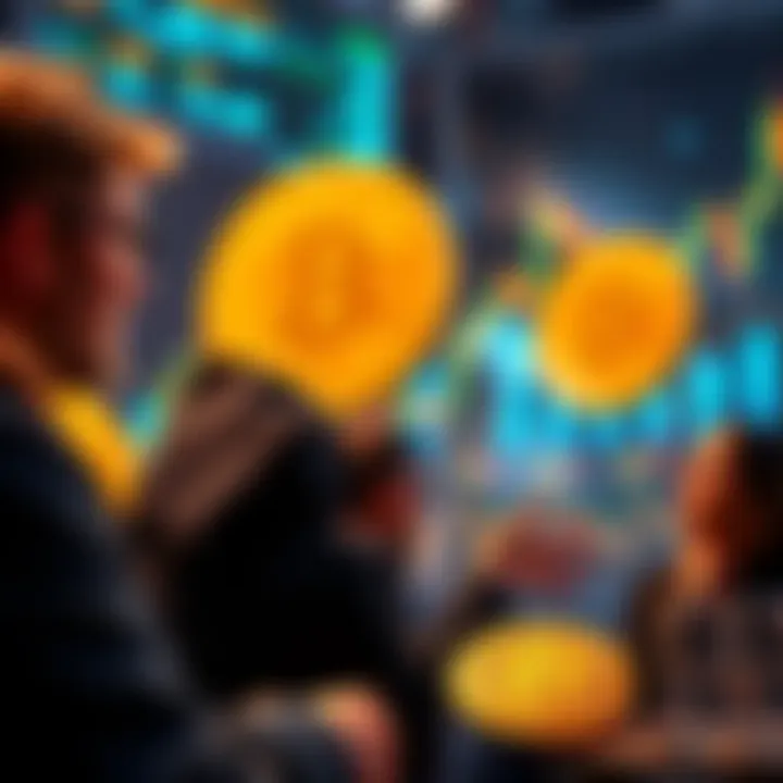 People discussing Bitcoin investments with charts and graphs in the background