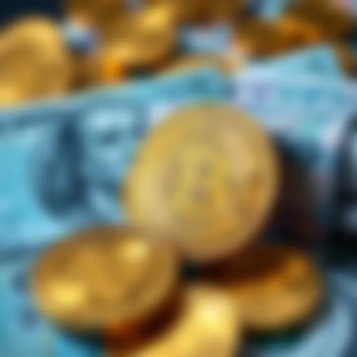 Representation of Bitcoin coins and fiat currency notes, highlighting the contrast between cryptocurrency and traditional money, symbolizing the issue of off-ramps.