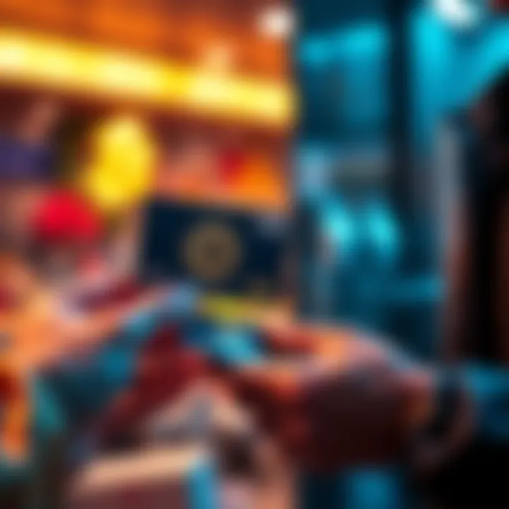 A person exchanges Bitcoin for a gift card while checking the card for authenticity, showing a secure transaction process.