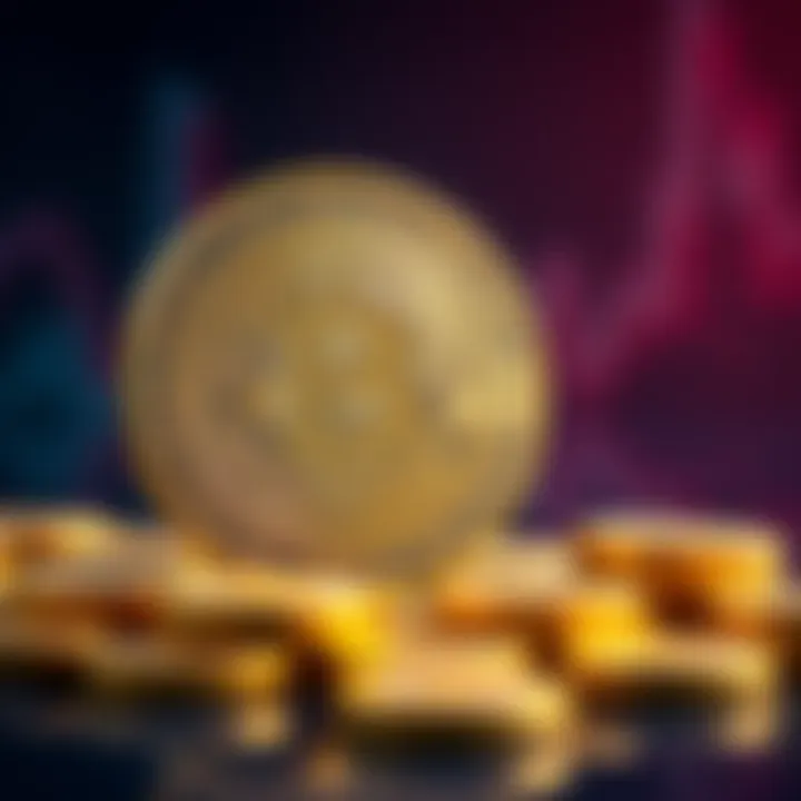 A Bitcoin symbol sits beside gold coins, representing Bitcoin's value as an investment compared to gold.