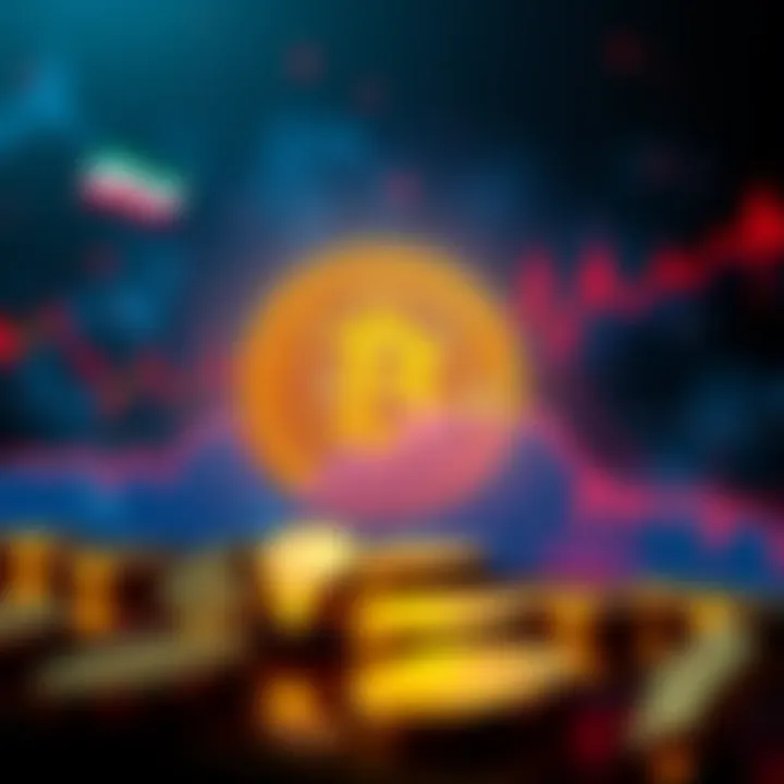 A graph showing the surge in Bitcoin's value and a drop in gold prices against a backdrop of conflict symbols representing the US-Iran situation.