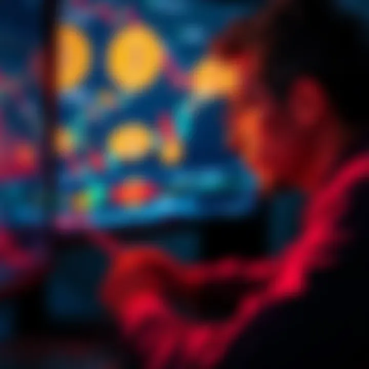 A person examining Bitcoin symbols and charts on a computer screen, showing interest in cryptocurrency investments.