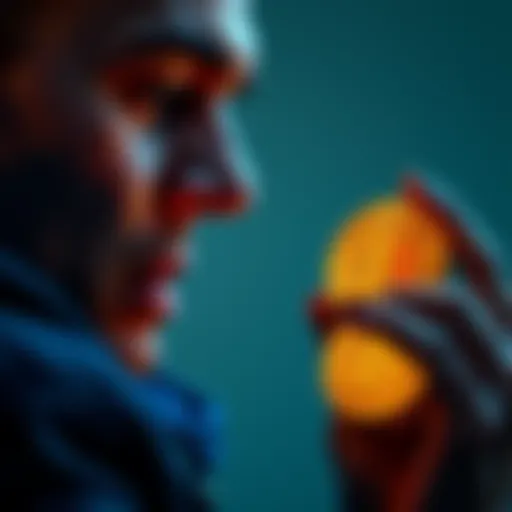 A person looking at Bitcoin coins with a hopeful expression, symbolizing financial security and optimism during tough times.