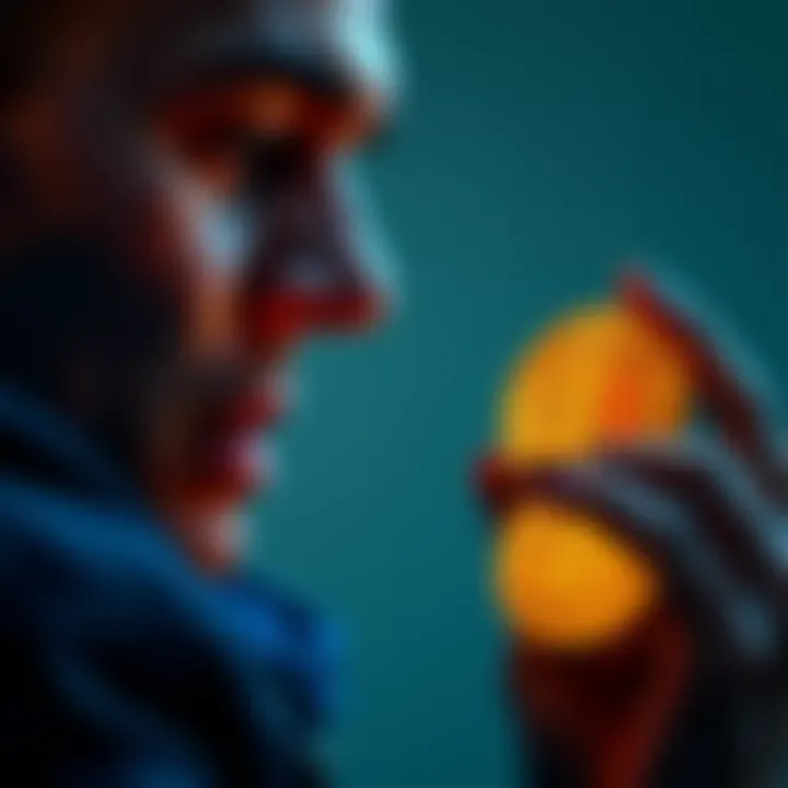 Bitcoin coins with a hopeful person A person looking at Bitcoin coins with a hopeful expression, symbolizing financial security and optimism during tough times.