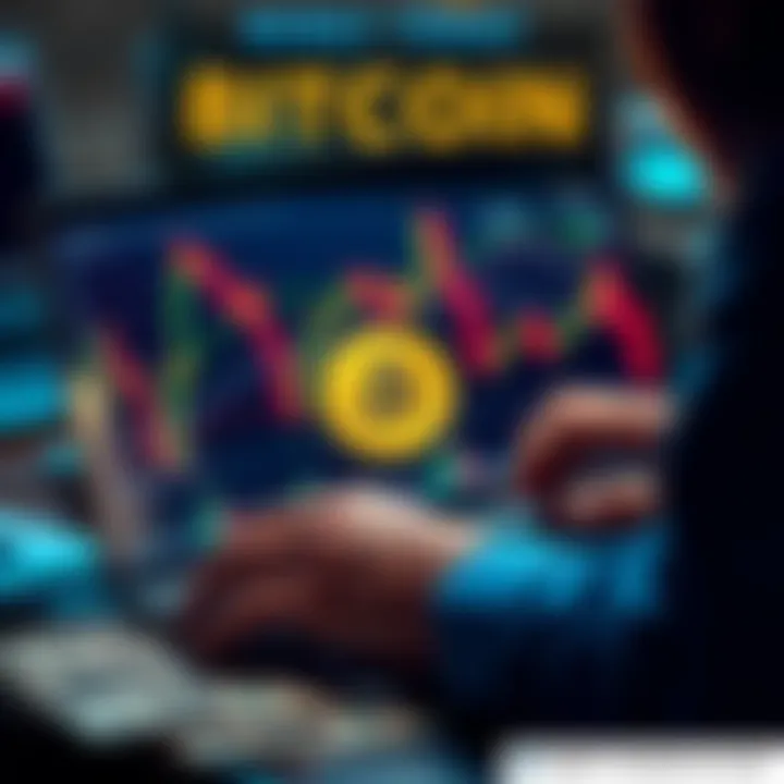 A person examining Bitcoin charts on a laptop with dollar bills scattered around