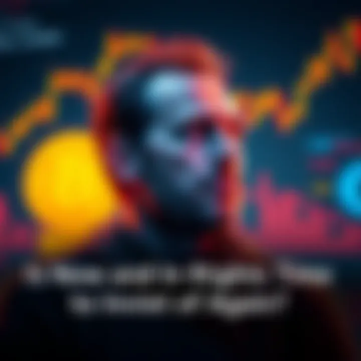 Investor contemplating a Bitcoin investment with market charts and coins in the background