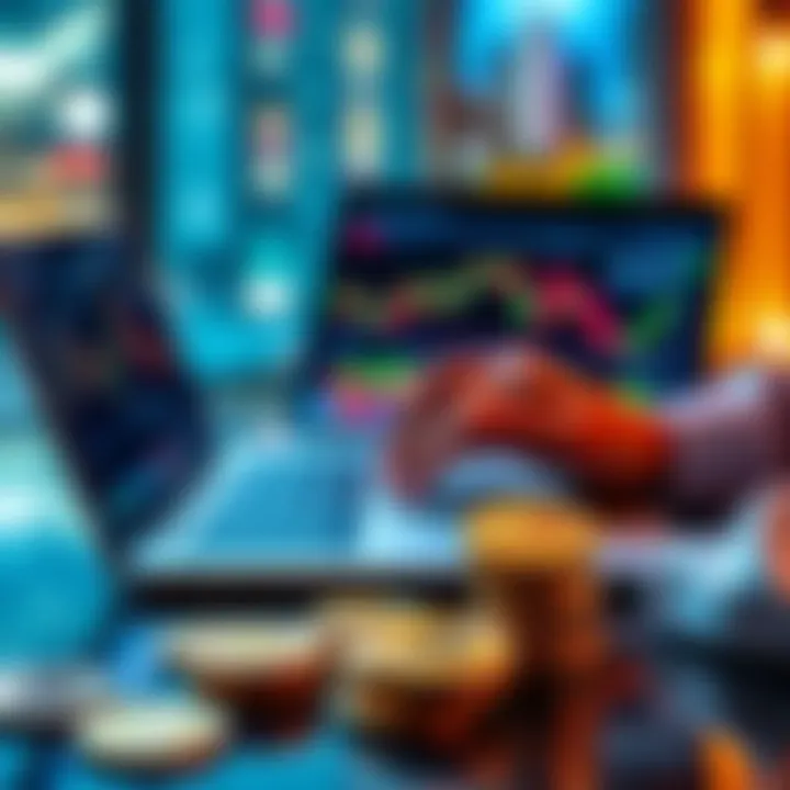 Bitcoin Investment Discussion A person analyzing Bitcoin charts and trends on a laptop while cryptocurrency coins rest on a table