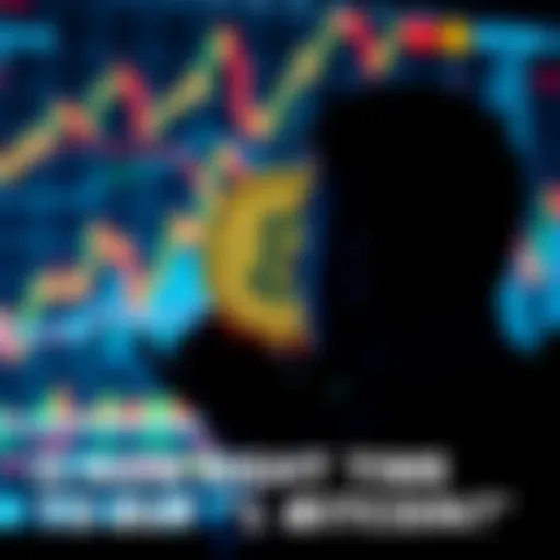 A person looking at a digital representation of Bitcoin with market charts in the background