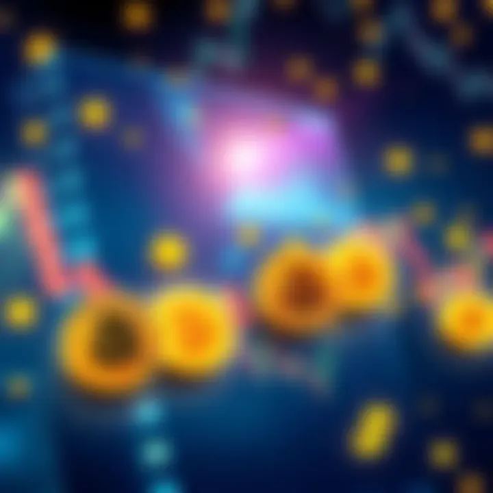 Illustration showing a downward trend on a cryptocurrency graph with Bitcoin symbols and dollar signs to represent market liquidations.