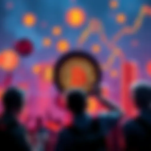 A group of Bitcoin supporters passionately discussing their beliefs, surrounded by cryptocurrency symbols and charts.