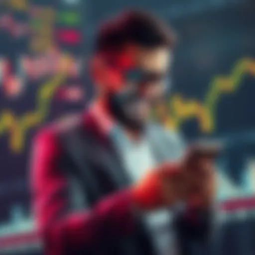 A confident businessman checking his Bitcoin wallet on a smartphone, smiling as he decides to cash out his earnings, surrounded by graphs showing market trends.