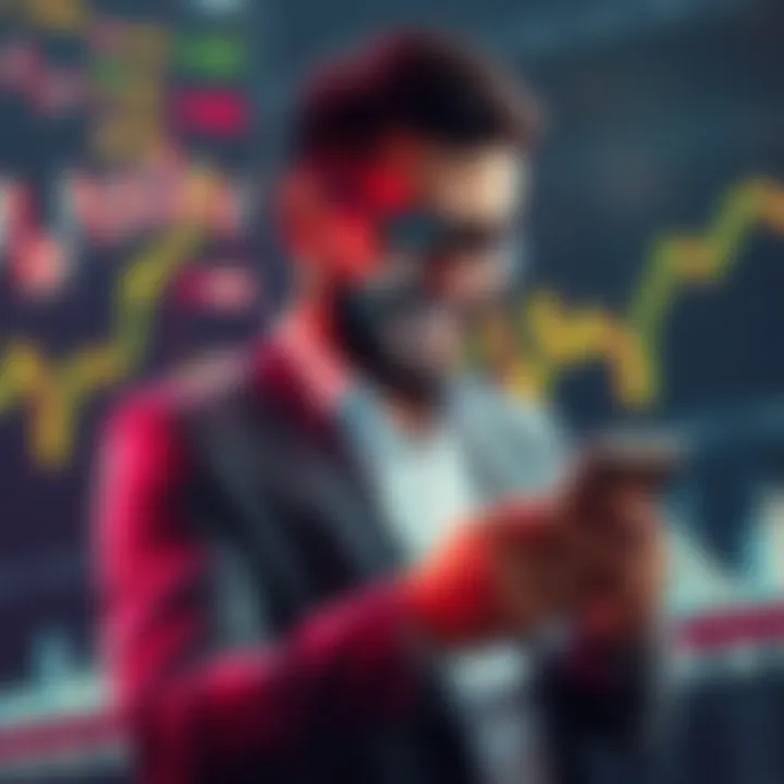 A confident businessman checking his Bitcoin wallet on a smartphone, smiling as he decides to cash out his earnings, surrounded by graphs showing market trends.