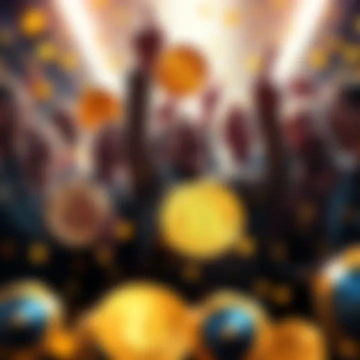 A group of Bitcoin millionaires celebrating their wealth, with digital currency symbols in the background