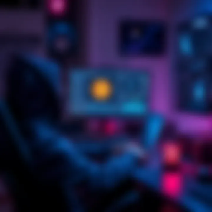 A person sits at a desk with a Mac computer displaying Bitcoin mining software, surrounded by mining hardware and cryptocurrency graphics.