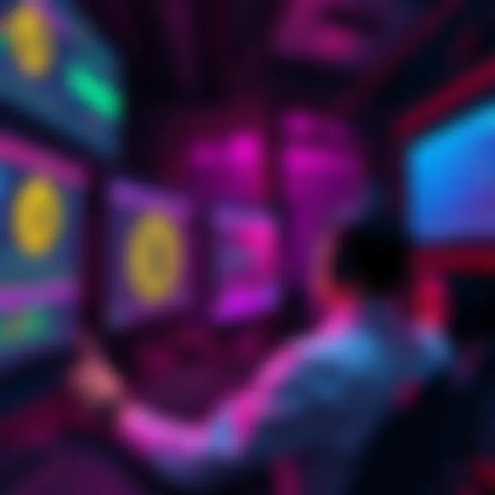 A person monitoring Bitcoin mining rigs with screens displaying earnings and Bitcoin prices, showing a focus shift from price action to mining results.