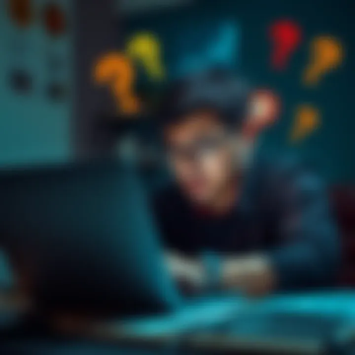 A person looks frustrated while reading contradictory Bitcoin news on a laptop, surrounded by question marks.