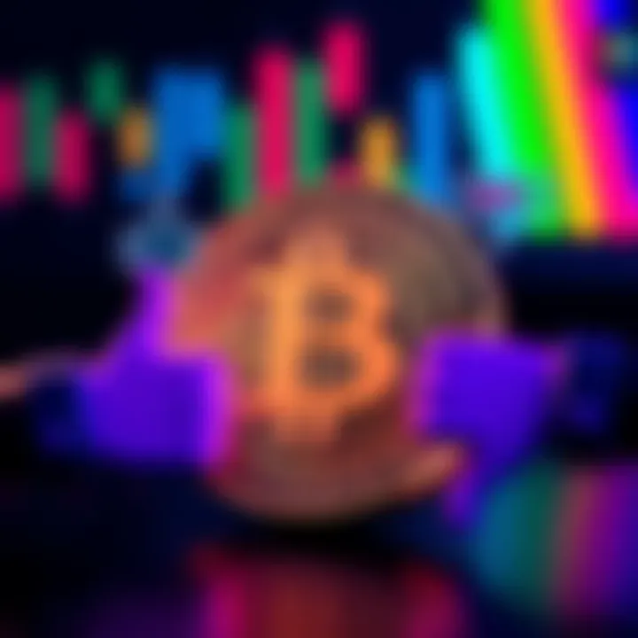 A Bitcoin symbol surrounded by thumbs up and thumbs down icons, representing differing opinions on cryptocurrency