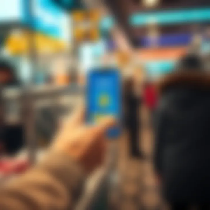 Bitcoin Payment Concept A person using a smartphone to make a Bitcoin payment at a store, showcasing a digital wallet app with Bitcoin logo.