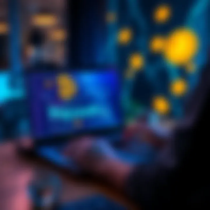 Bitcoin Paywall Creation A person using a laptop to set up a Bitcoin paywall for digital files, with Bitcoin symbols and links visible on the screen.