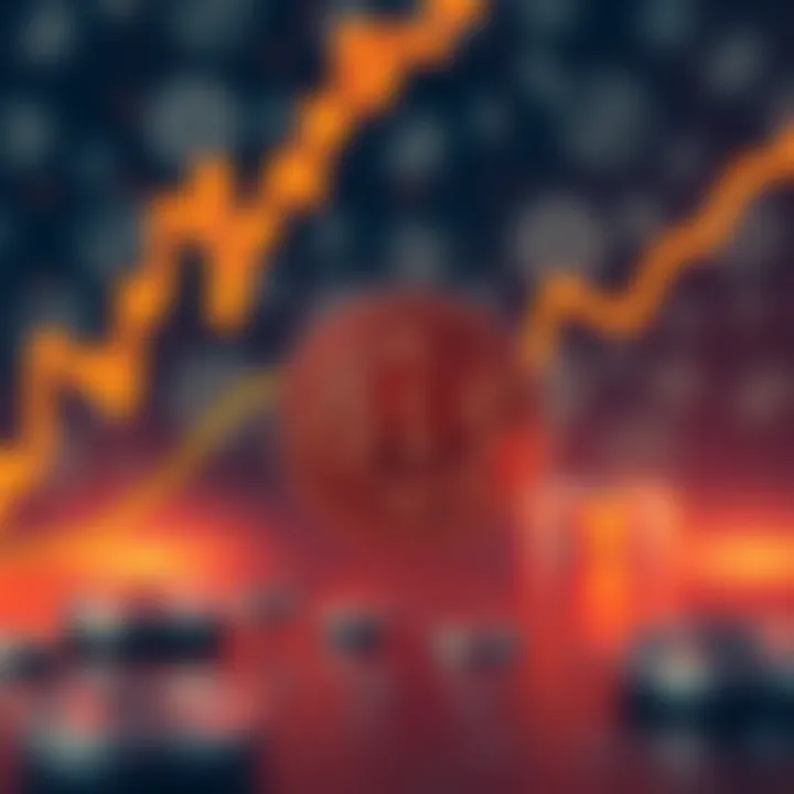 Bitcoin price chart A rising Bitcoin price chart with a declining trend line, symbolizing concerns about future growth, set against a background of digital currency symbols