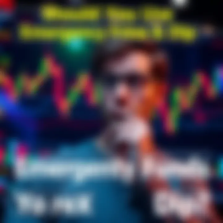 A person contemplating whether to use emergency funds to buy Bitcoin during a price dip, with Bitcoin charts in the background.