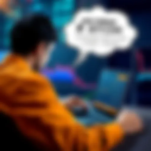 A person looking worried at a laptop screen showing a Bitcoin price drop graph, with a thought bubble depicting uncertainty about the market.