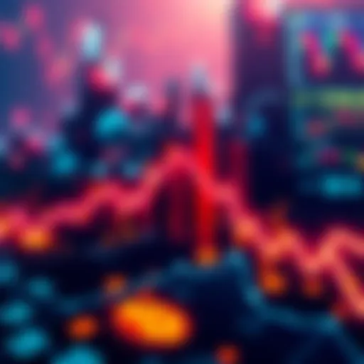 A downward trend line representing Bitcoin's decline to a seven-month low, with a graphic showing currency symbols and market fluctuations.