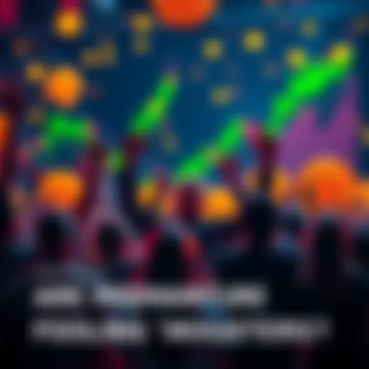 Group of people celebrating with Bitcoin symbols and charts in the background, showing optimism for the cryptocurrency market