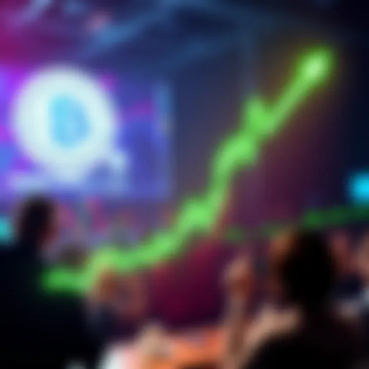 A graph showing Bitcoin price moving upward with a bright green trend line and excited investors in the background