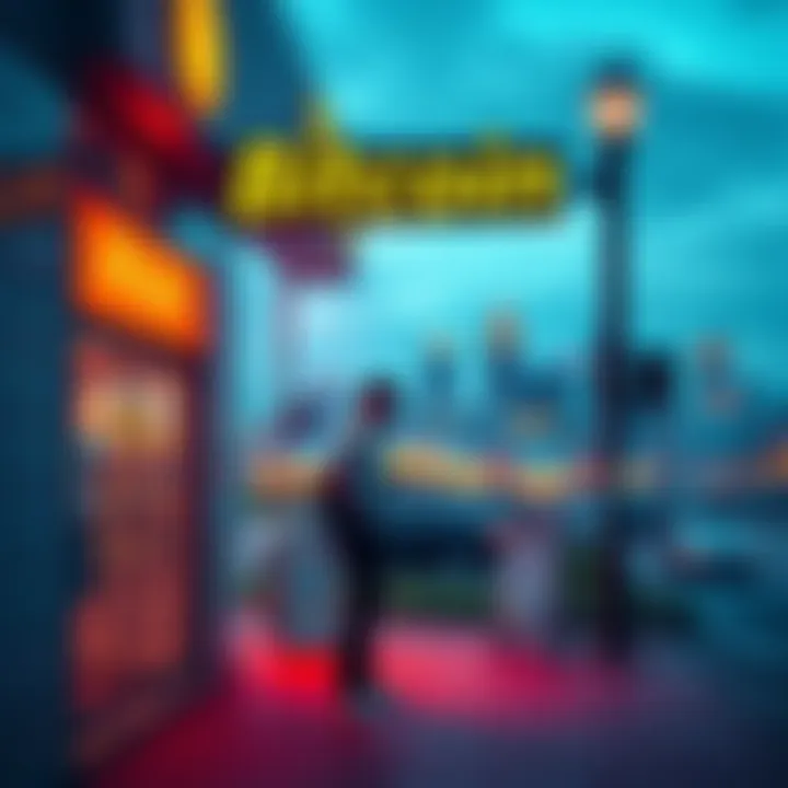 Bitcoin Purchase Locations in Perth A person standing in front of a store with Bitcoin signage, looking at a smartphone, with a cityscape of Perth in the background.