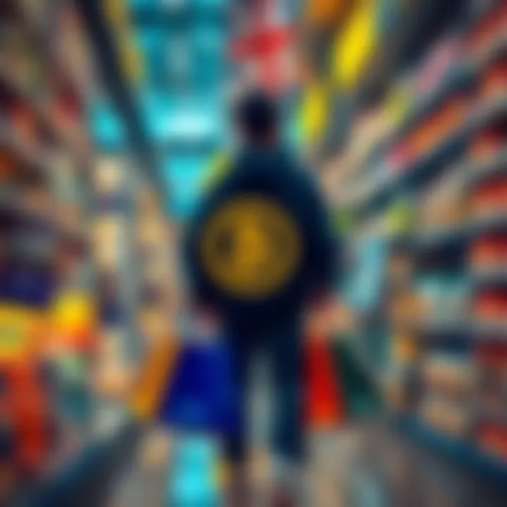 A person using Bitcoin to buy consumer items in a store, with shopping bags in hand and a Bitcoin symbol displayed prominently.