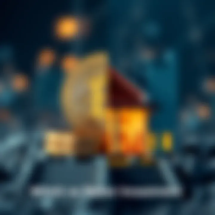 A split image showing Bitcoin coins on one side and a house on the other, illustrating the choice between cryptocurrency and real estate investment.