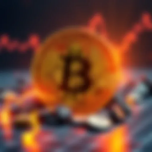 A Bitcoin symbol surrounded by visual elements representing scarcity and limited supply, with a graph showing rising prices due to demand.