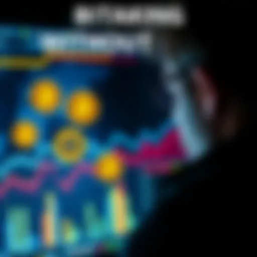 A person looking at a screen displaying Bitcoin symbols and interest graphs, symbolizing staking and earning profits without KYC processes.