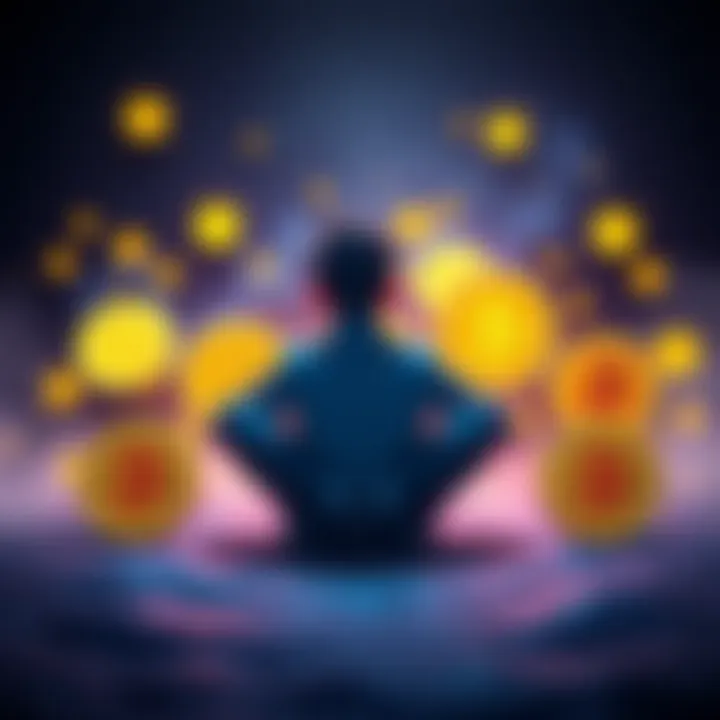 A graphic showing a person sitting calmly with Bitcoin symbols around them, symbolizing holding assets in a volatile market.
