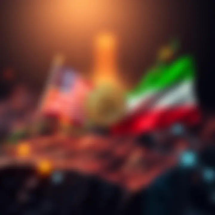 A graphic showing a rising Bitcoin price chart alongside symbols of the US and Iran flags, highlighting the impact of conflict on digital assets.