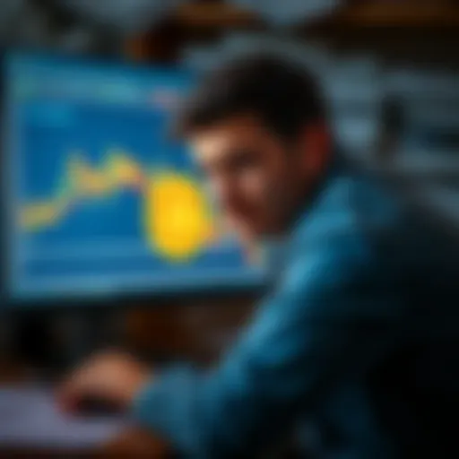 A worried investor looks at a declining Bitcoin chart on a computer screen, surrounded by financial news articles.