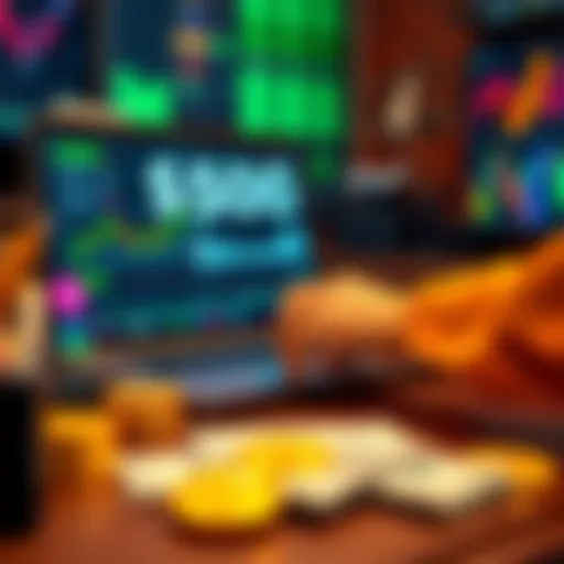 A person analyzing Bitcoin charts on a laptop with $500 in cash on the table