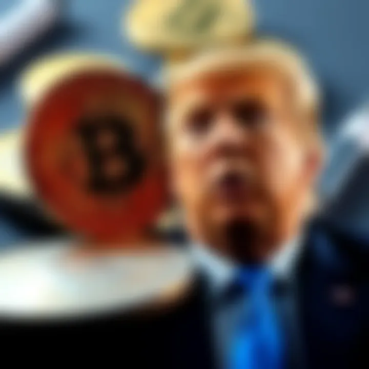 Bitcoin and Trump A graphic showing Bitcoin coins and an image of a person resembling Donald Trump with a dollar symbol, symbolizing financial investment in Trump's accounts.