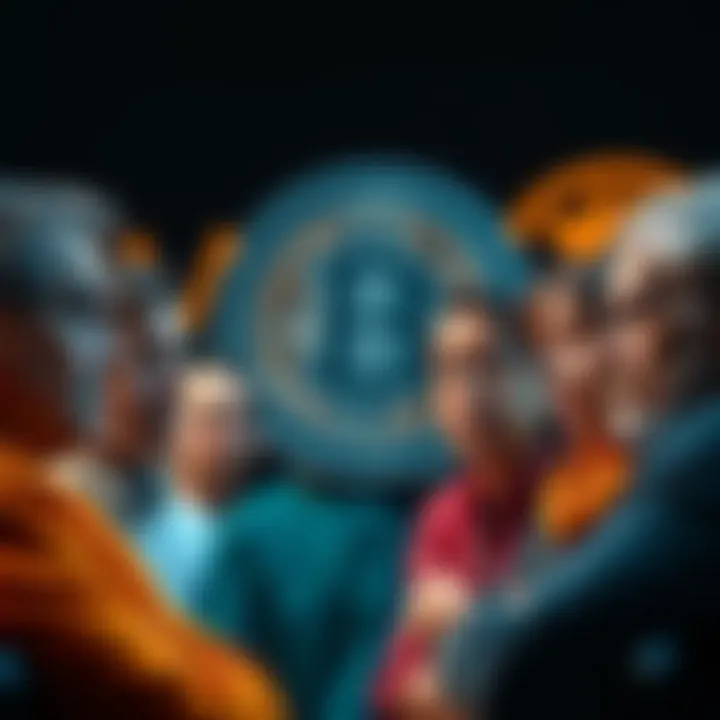 A group of people discussing Bitcoin use cases, showing a mix of supportive and skeptical expressions, with a Bitcoin logo in the background.