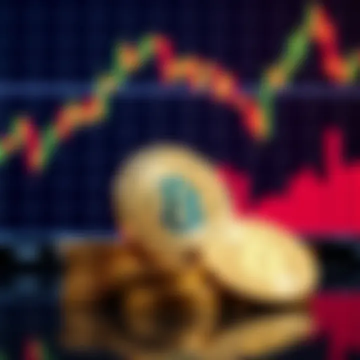 A stack of shiny Bitcoin coins in front of a backdrop of a digital graph showing price fluctuations