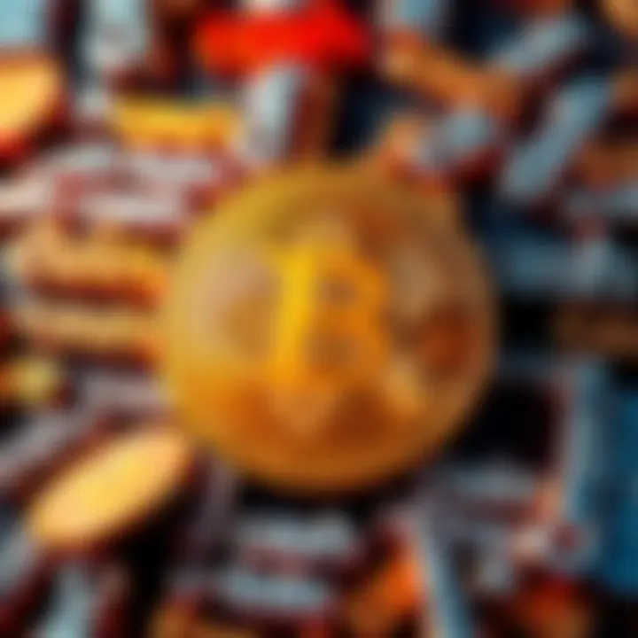 Bitcoin Vocabulary Misleading A visual representation showing a Bitcoin symbol surrounded by words like 'cash' and 'coins', illustrating the misleading language in cryptocurrency perception.