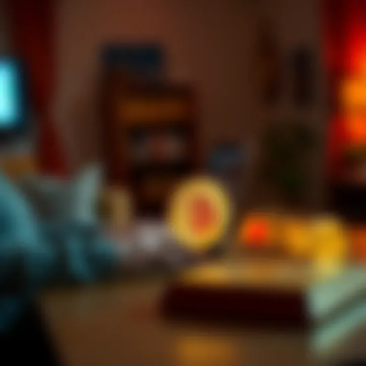 Bitcoin vs Gold Investment A person at home using a laptop to invest in Bitcoin while a gold bar sits untouched on a table