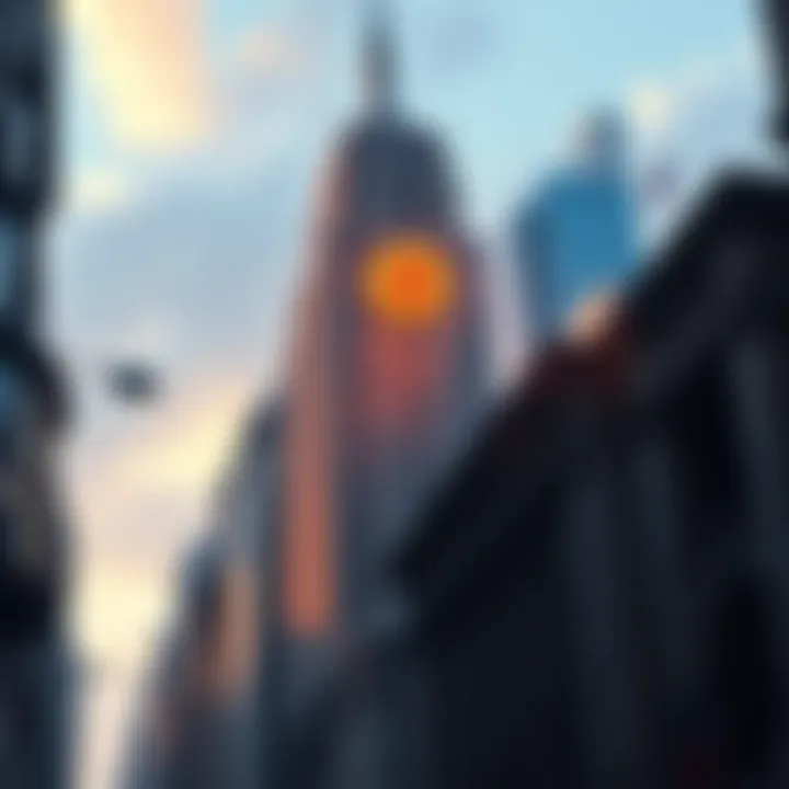 Bitcoin symbol emerging above the Wall Street skyline, representing its growing influence in finance.