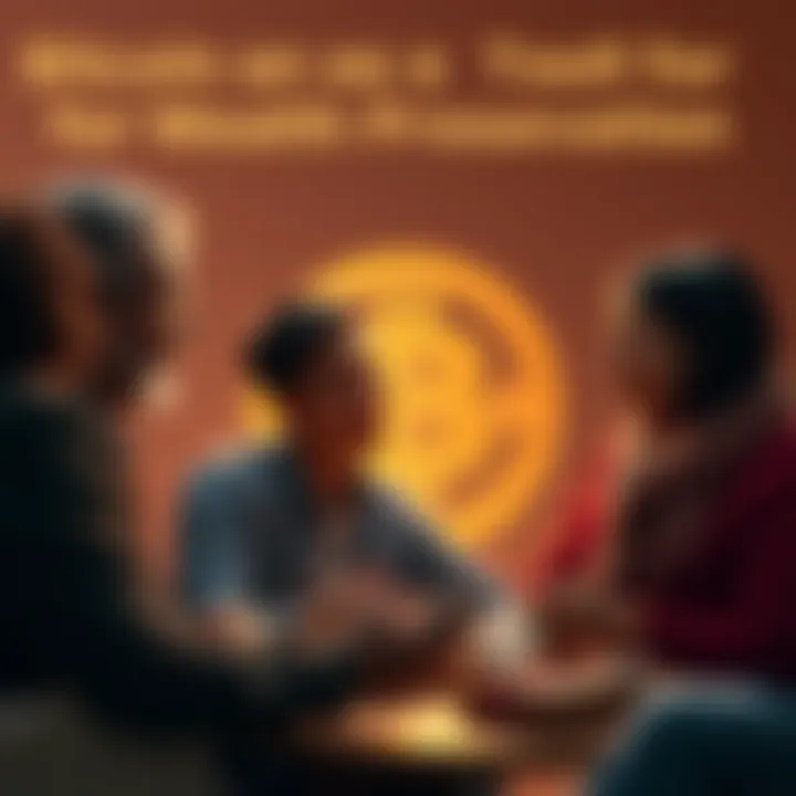 A family discussing finances with a Bitcoin symbol in the background, representing financial resilience against inflation.